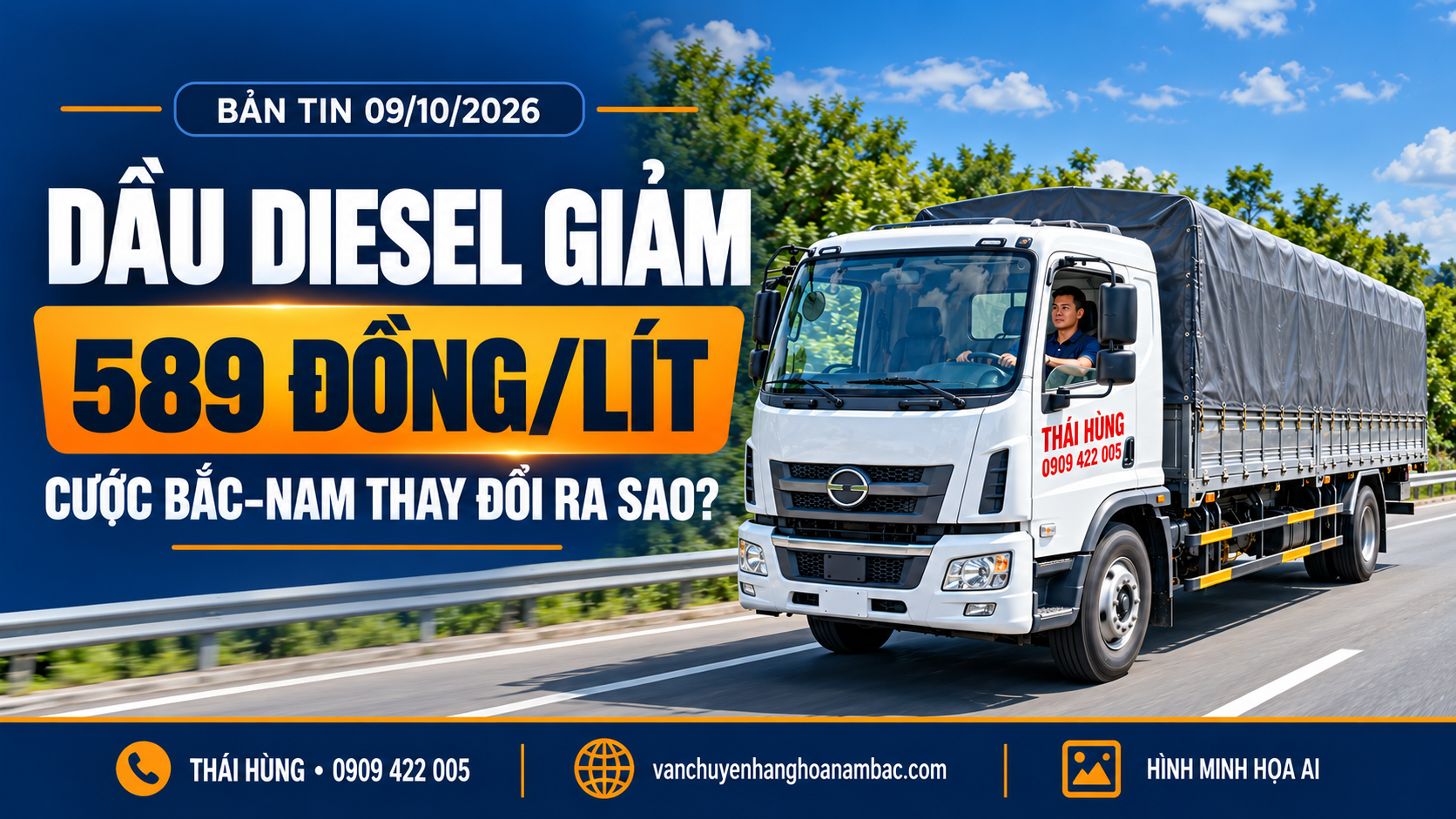 Hình minh họa AI xe tải Thái Hùng trên cao tốc trong bản tin dầu diesel giảm 589 đồng/lít ngày 08/10/2026