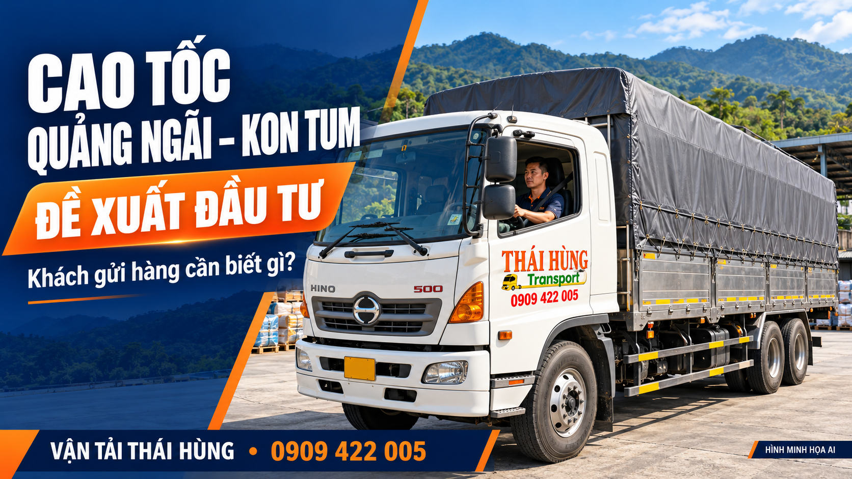 Hình minh họa AI xe tải Thái Hùng cabin trắng, mui bạt xám trong bản tin đề xuất cao tốc Quảng Ngãi – Kon Tum