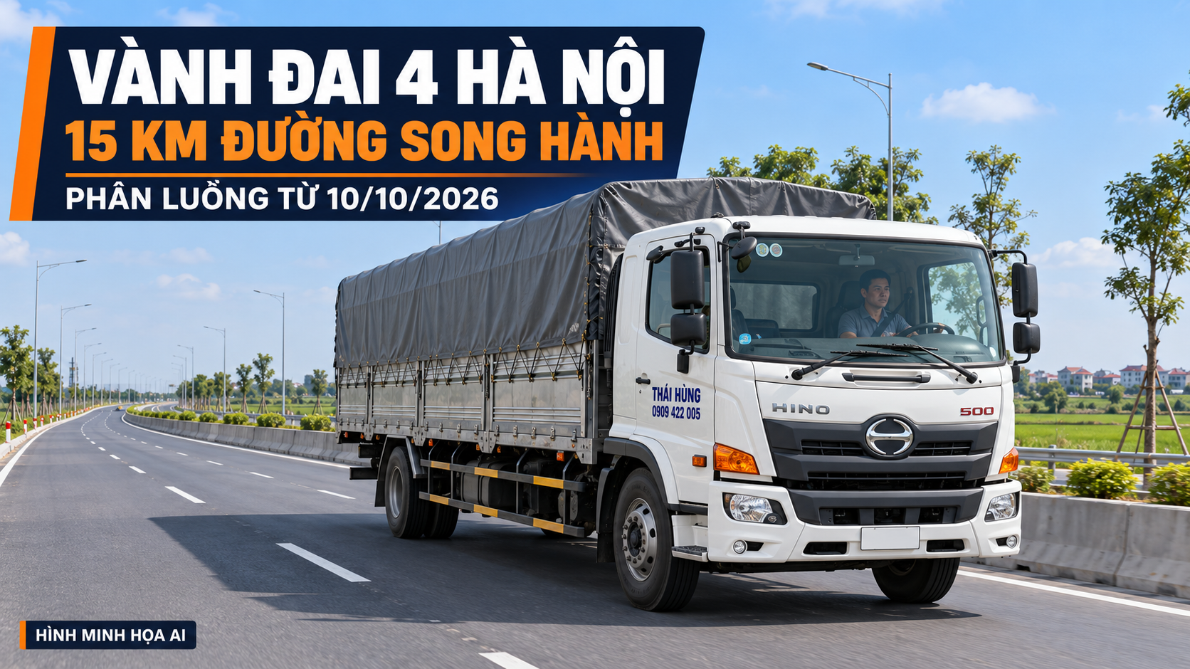 Hình minh họa AI xe tải Thái Hùng cho bản tin phân luồng 15 km đường song hành Vành đai 4 Hà Nội từ 10/10/2026