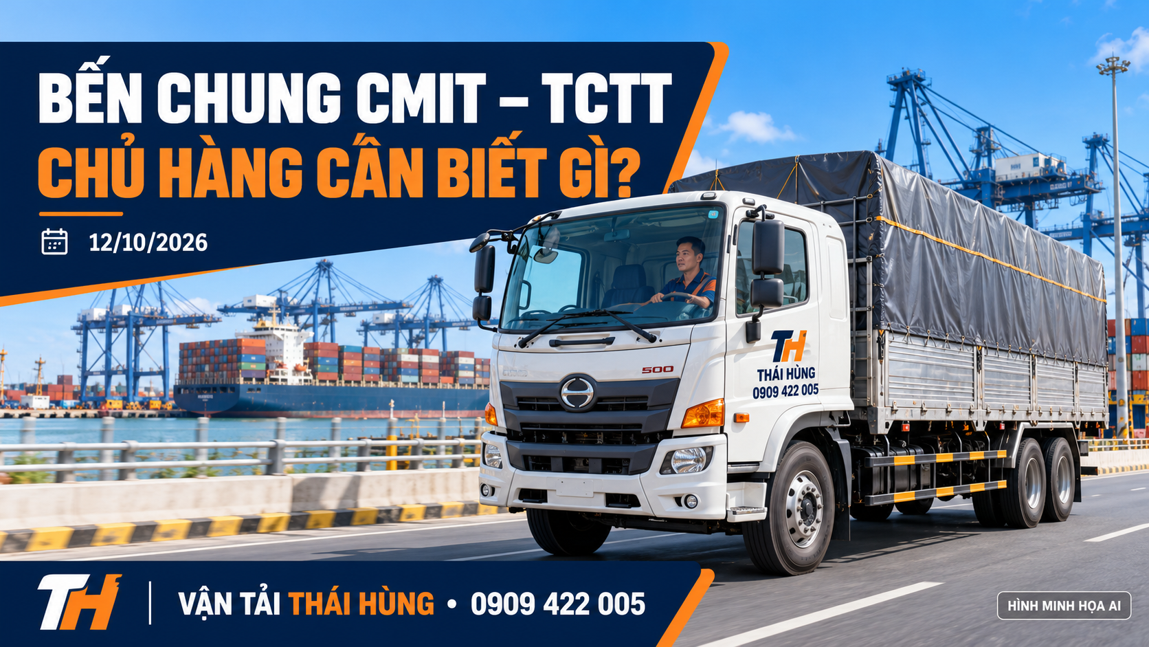 Hình minh họa AI xe tải cabin trắng mang tên Thái Hùng và hotline 0909 422 005 trên đường tiếp cận cảng container.