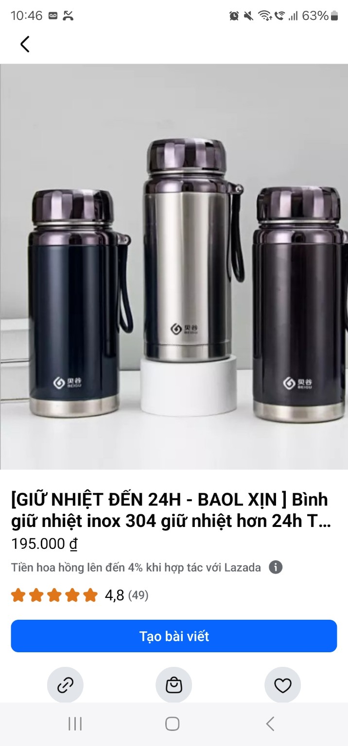 Bình giữ nhiệt inox 304 nắp vặn có quai xách với ba màu theo ảnh gian hàng