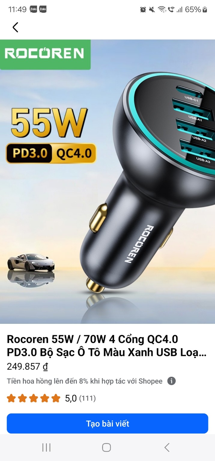 Ảnh sản phẩm bộ sạc ô tô Rocoren 4 cổng, quảng cáo 55W PD3.0 QC4.0