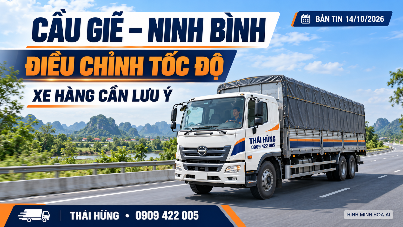 Hình minh họa AI xe tải Thái Hùng cabin trắng, mui bạt xám và tài xế trên cao tốc, bản tin điều chỉnh tốc độ Cầu Giẽ–Ninh Bình.