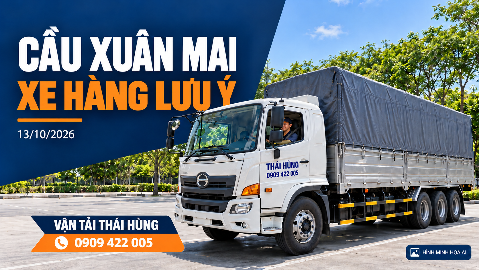 Hình minh họa AI xe tải cabin trắng mui bạt xám mang tên Thái Hùng và hotline, bản tin phân luồng cầu Xuân Mai