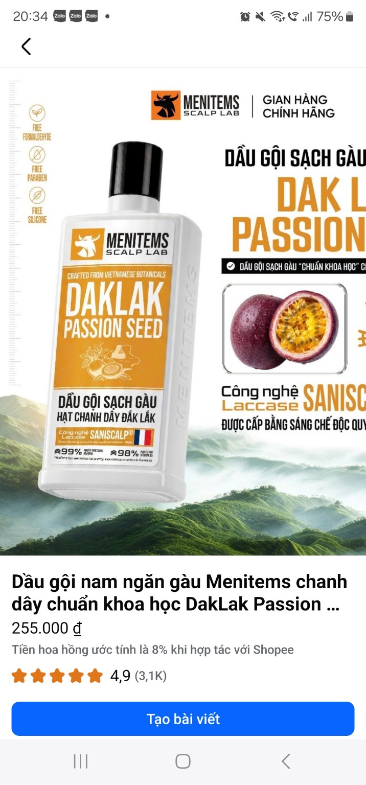 Dầu gội nam Menitems DakLak Passion Seed hạt chanh dây