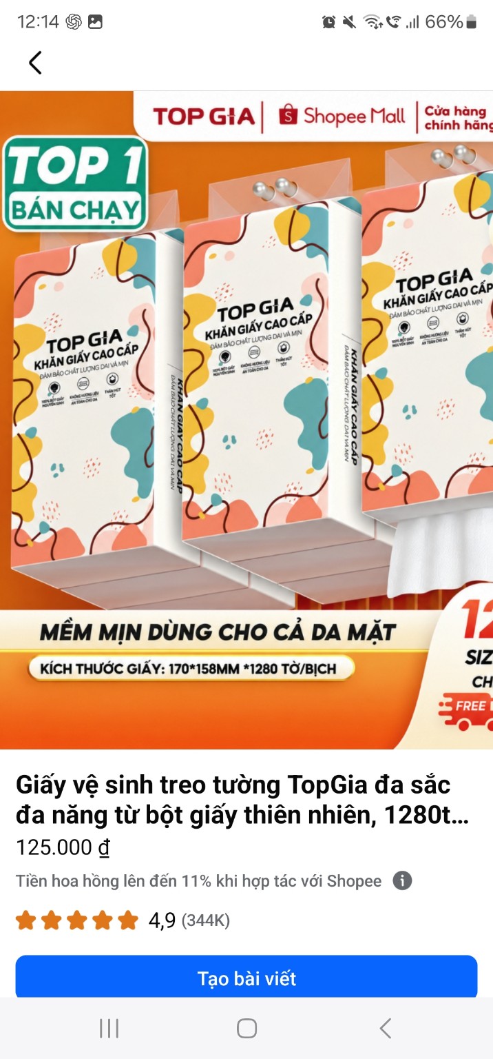 Khăn giấy treo tường TopGia 1280 tờ kích thước 170 x 158 mm