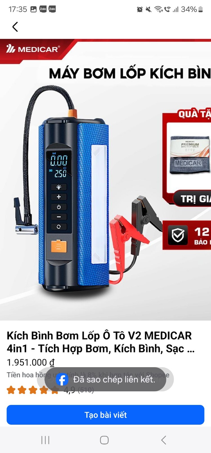 Kích bình bơm lốp ô tô V2 MEDICAR 4in1 kèm kẹp bình và đèn