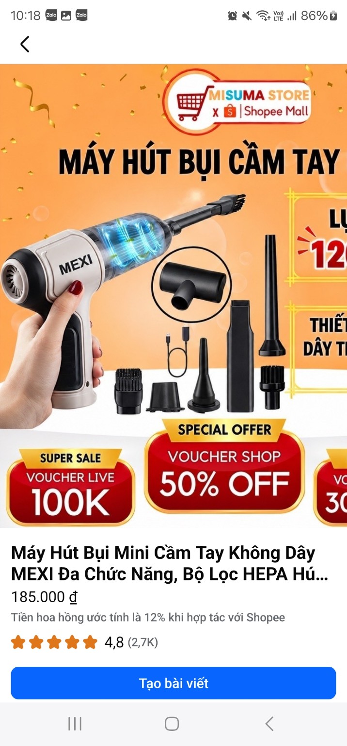 Máy hút bụi mini cầm tay không dây MEXI kèm các đầu hút
