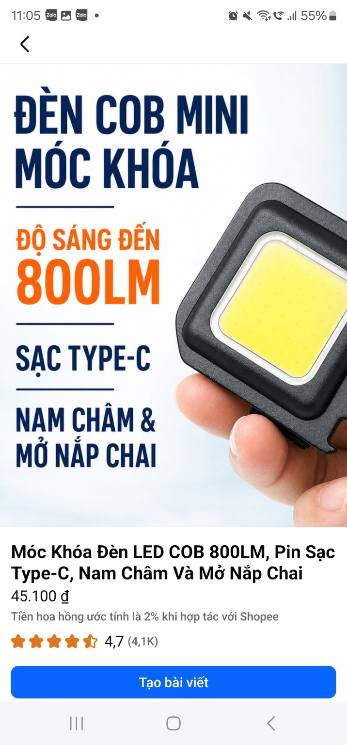 Móc khóa đèn LED COB mini sạc Type-C có nam châm