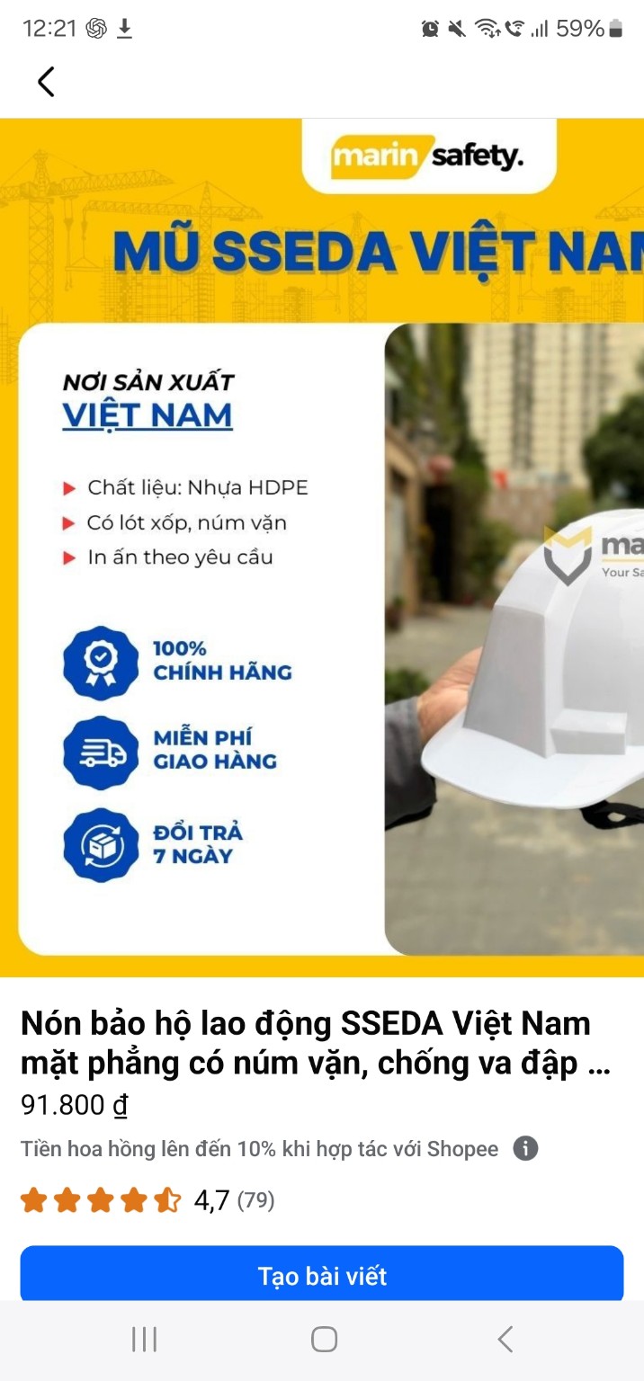 Nón bảo hộ lao động SSEDA Việt Nam màu trắng có núm vặn