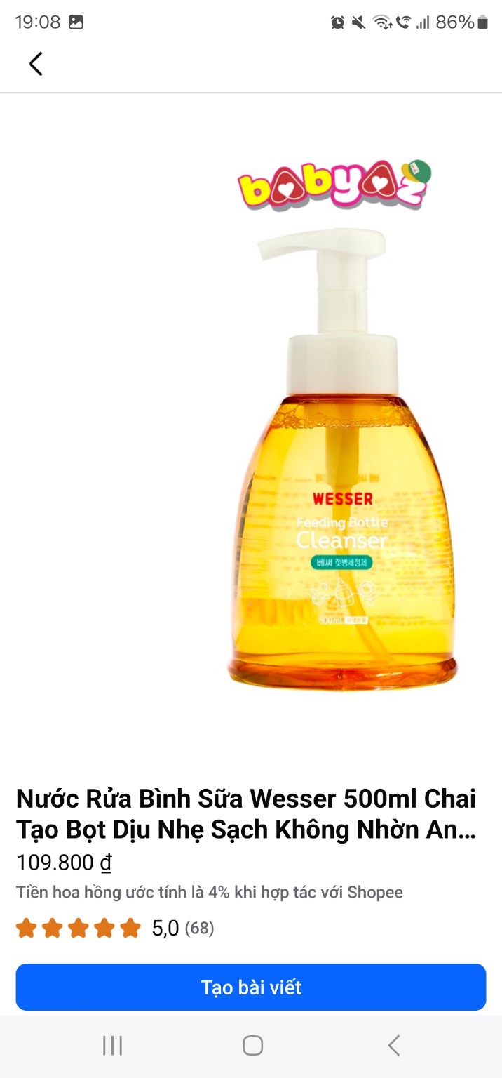 Nước rửa bình sữa Wesser 500ml chai tạo bọt