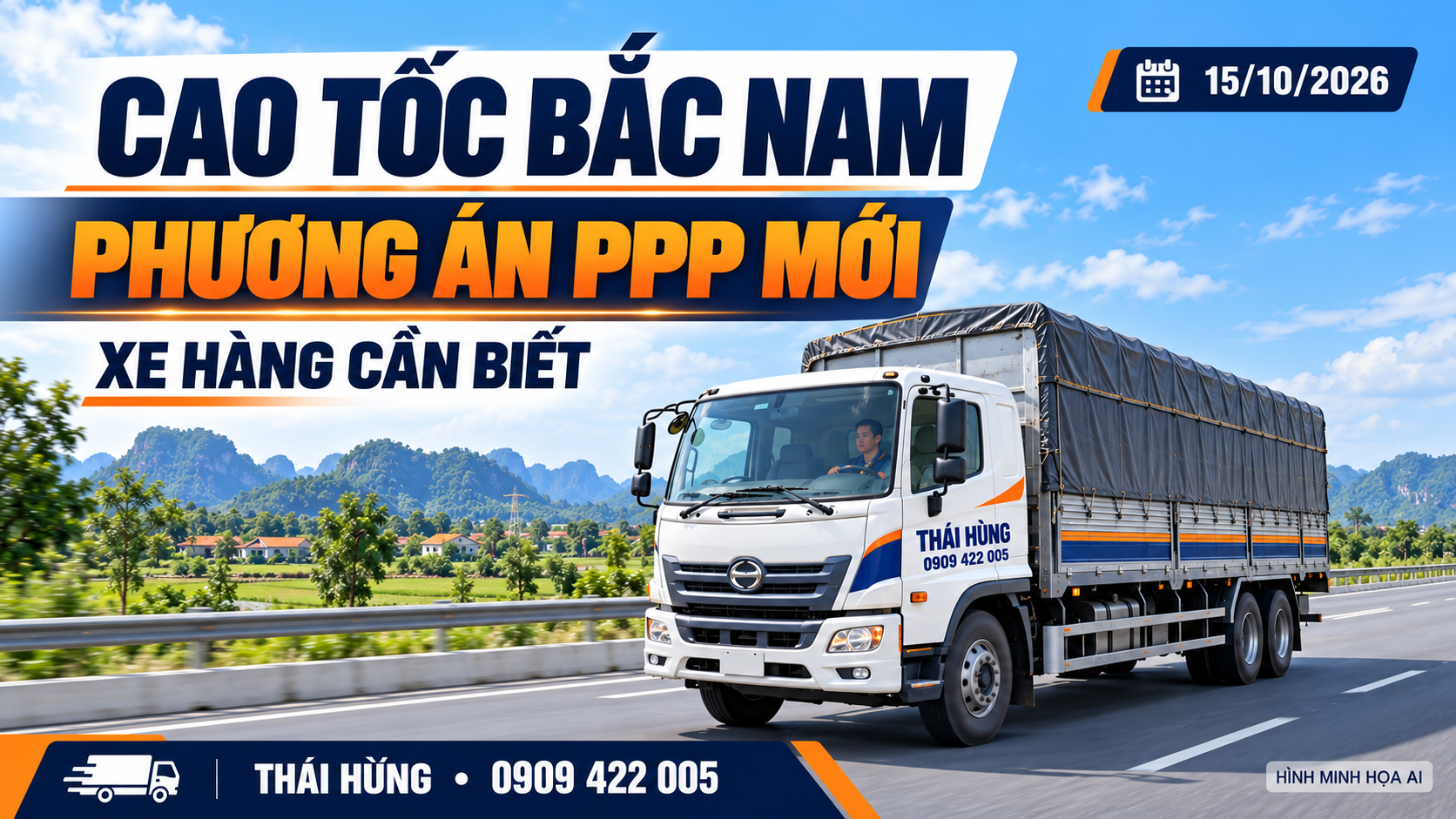 Xe tải Thái Hùng cabin trắng, mui bạt xám trên cao tốc; hình minh họa AI cho phương án PPP mở rộng cao tốc Bắc Nam.