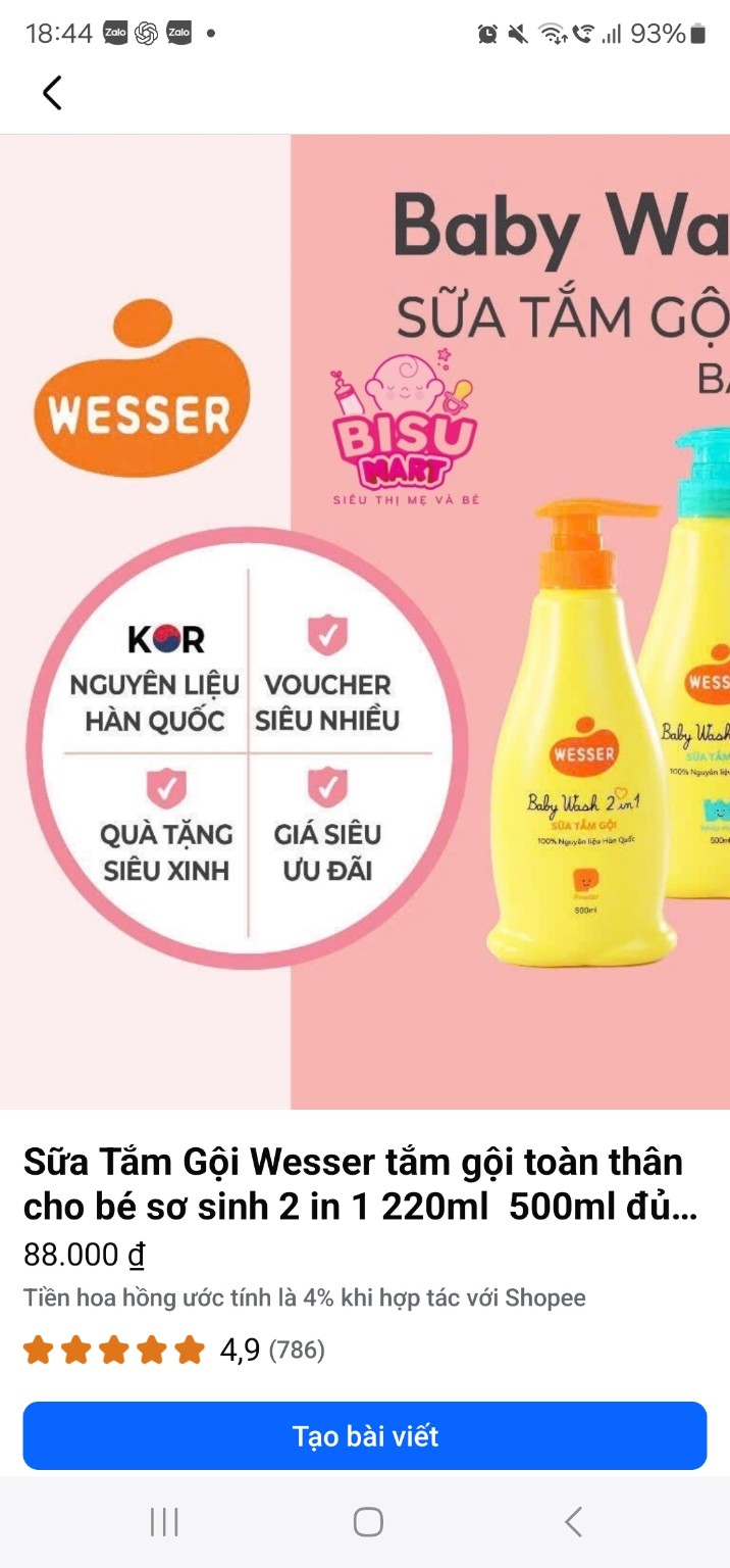 Sữa tắm gội Wesser Baby Wash 2in1 cho bé