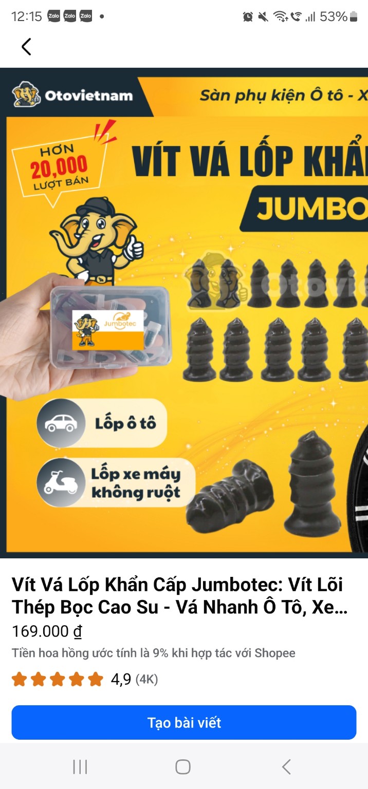 Hộp vít vá lốp khẩn cấp Jumbotec lõi thép bọc cao su