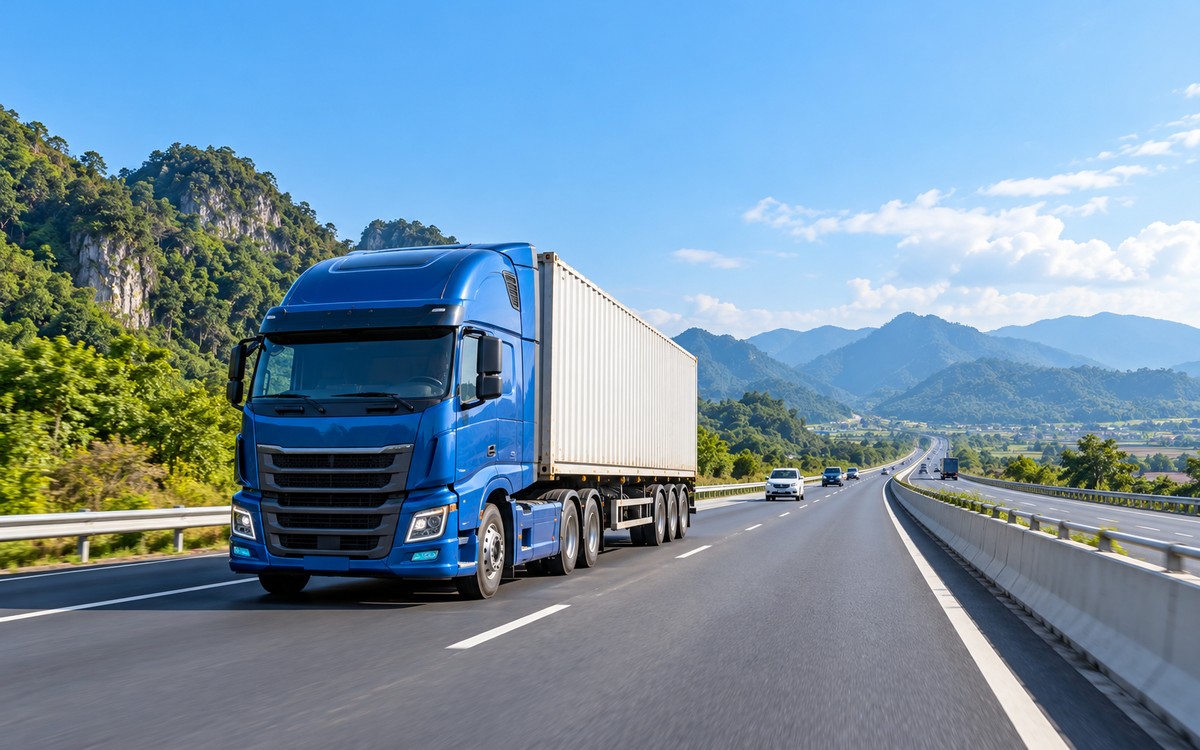 Xe tải vận chuyển hàng Bắc Nam trên cao tốc, minh họa lưu ý kiểm tra tải trọng và giấy phép lái xe